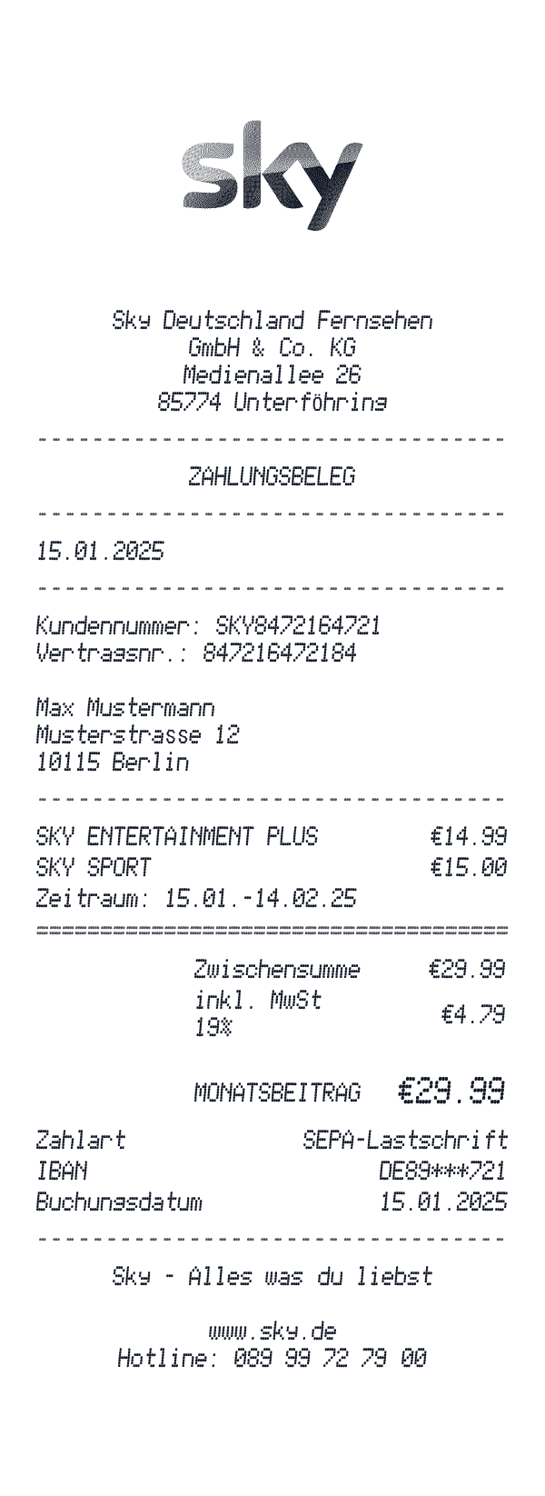Sky Deutschland receipt template example - entertainment receipt with itemized details, prices, and payment information