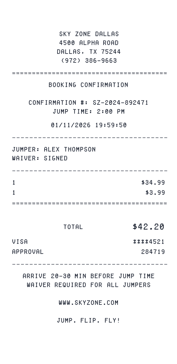 Sky Zone receipt preview