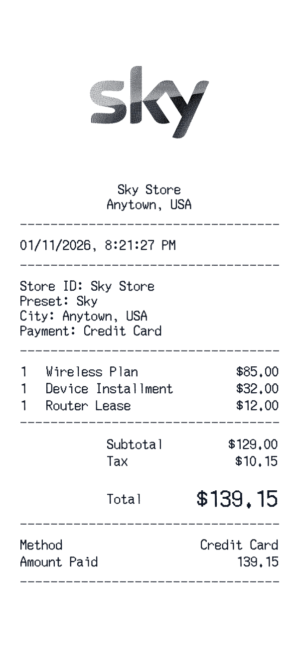 Sky receipt template example - telecom receipt with itemized details, prices, and payment information