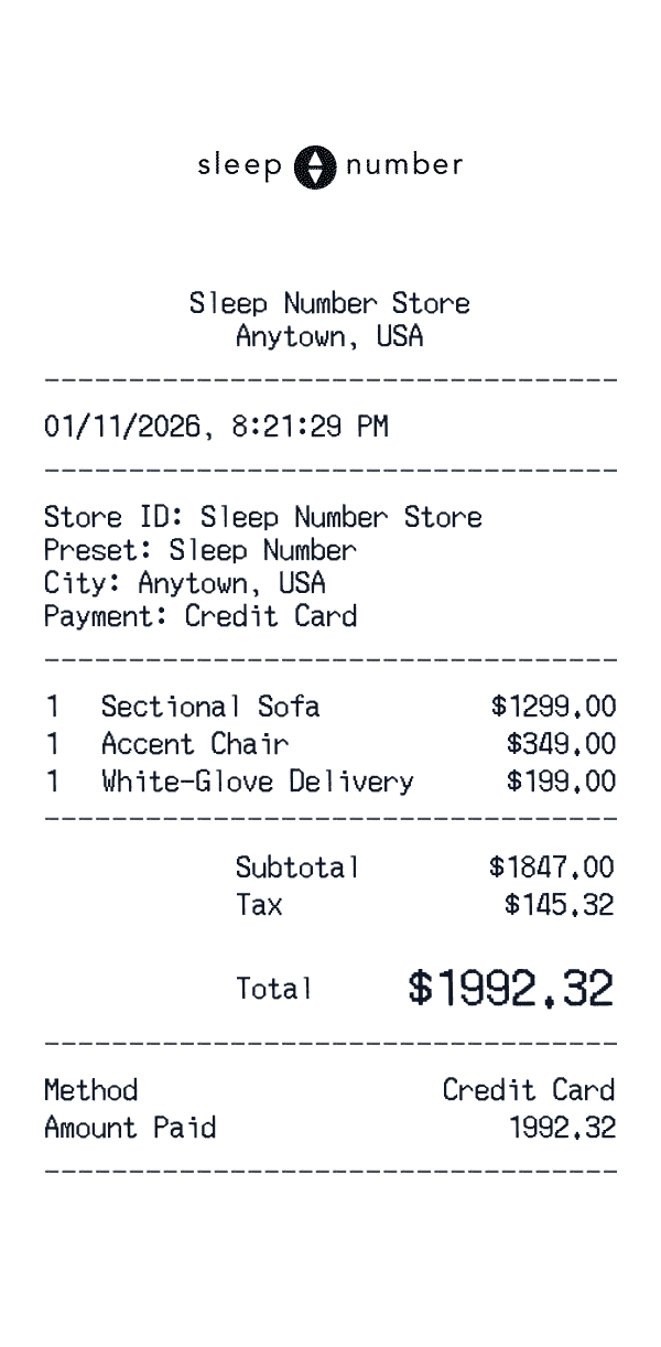 Sleep Number receipt preview