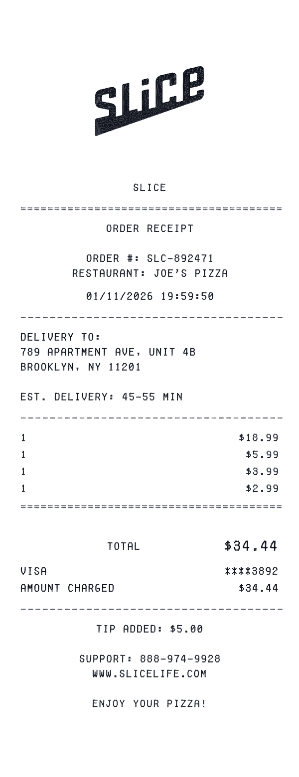 Slice receipt template example - food delivery receipt with itemized details, prices, and payment information