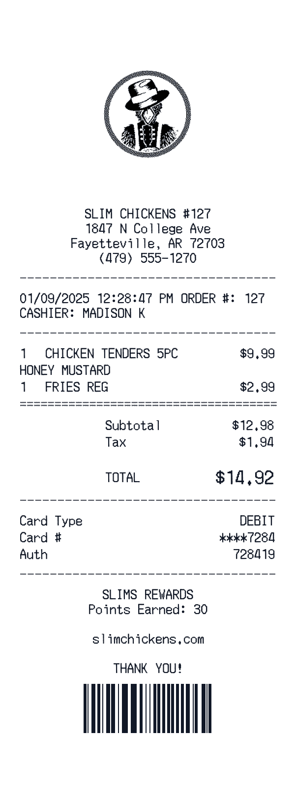 Slim Chickens receipt preview