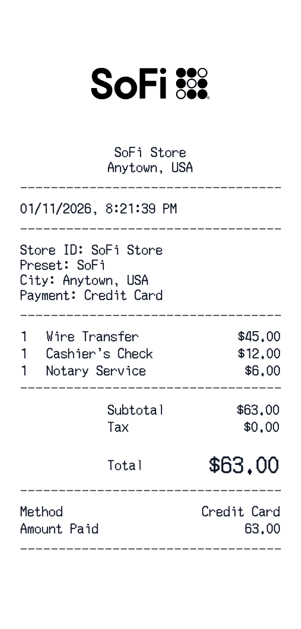 SoFi receipt preview