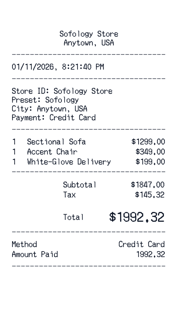 Sofology receipt preview