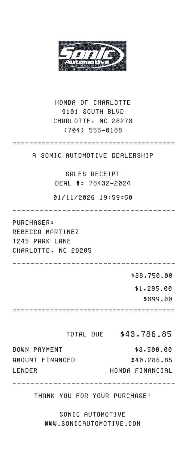 Sonic Automotive receipt template example