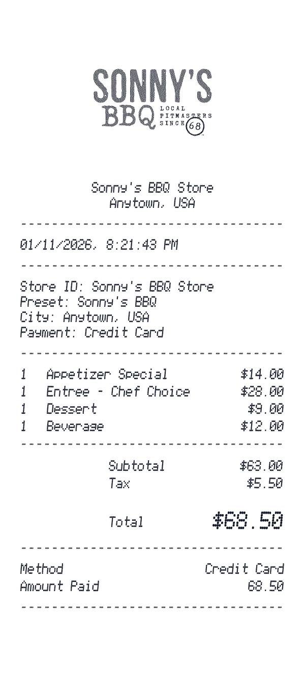 Sonny's BBQ receipt preview