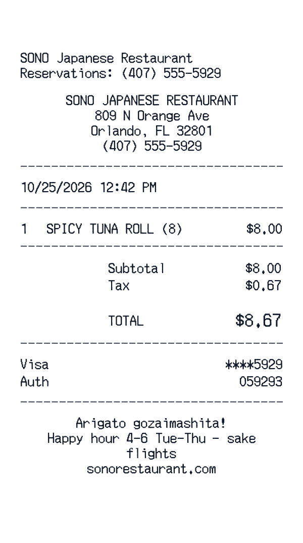 SONO Japanese Restaurant receipt template generator preview