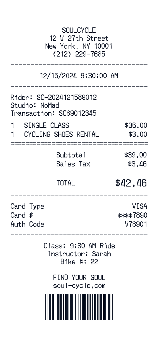 SoulCycle receipt preview