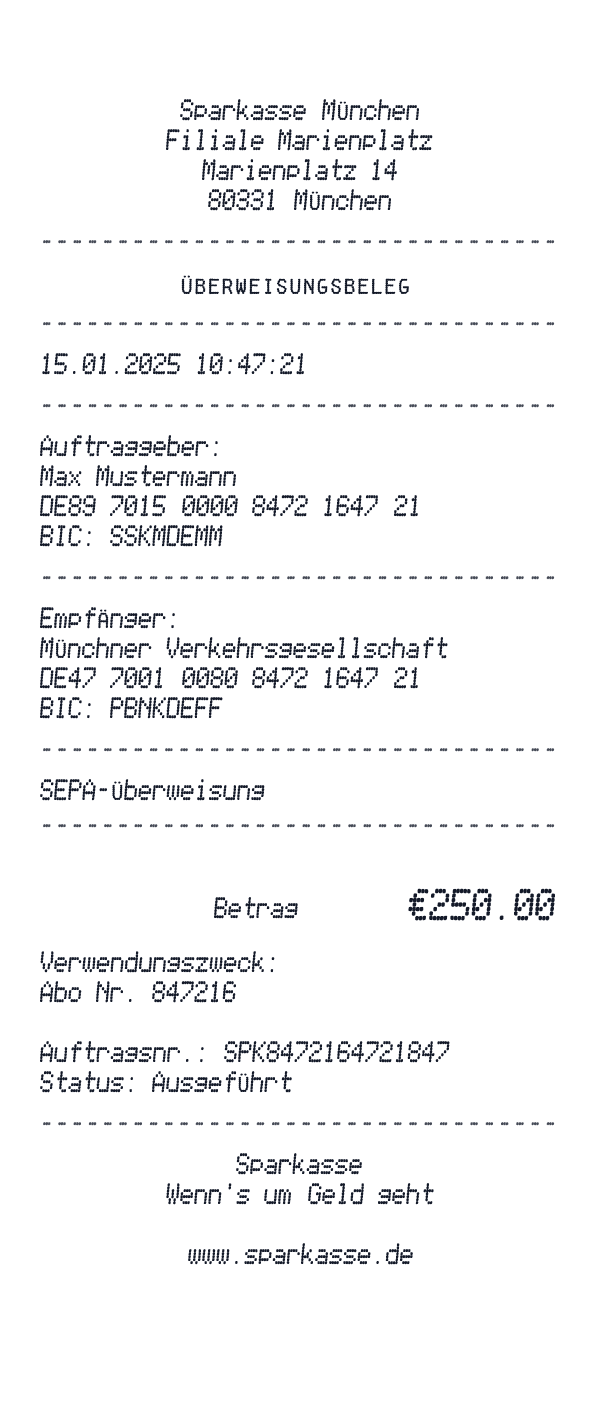 Sparkasse receipt template example - other receipt with itemized details, prices, and payment information
