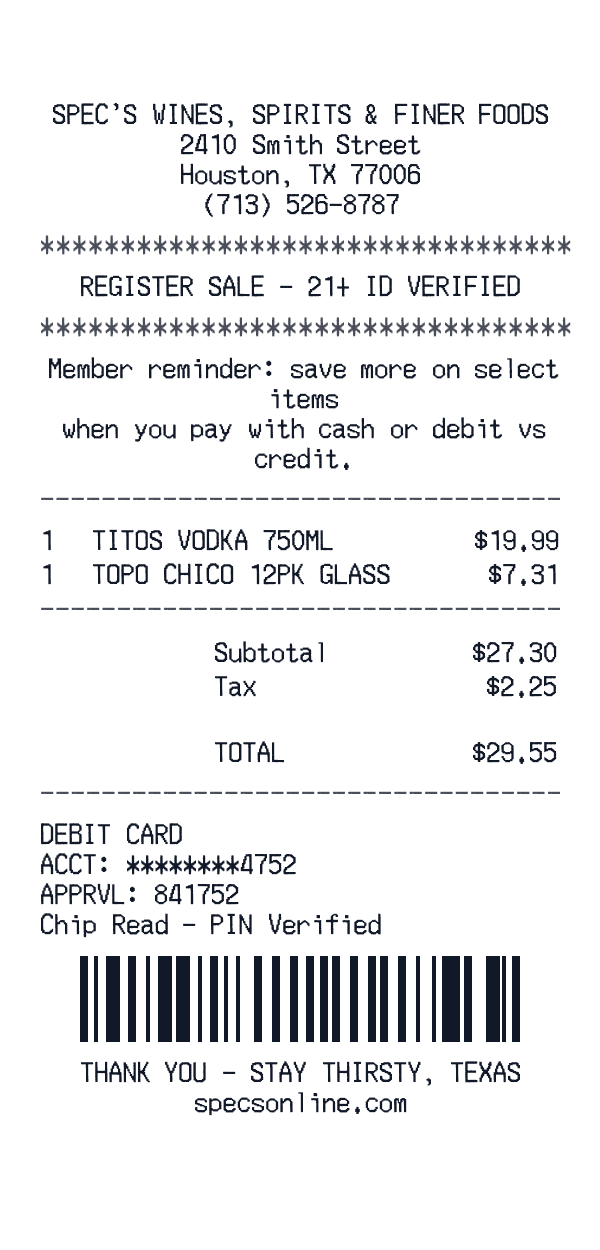 Spec's receipt template generator preview