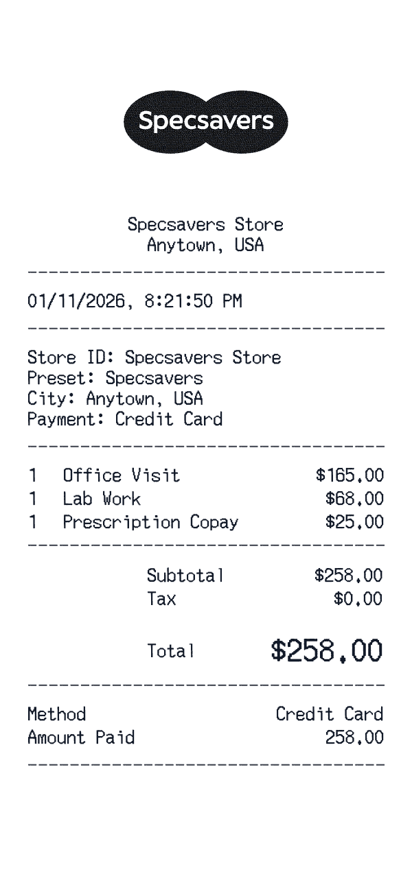 Specsavers receipt template example - healthcare receipt with itemized details, prices, and payment information