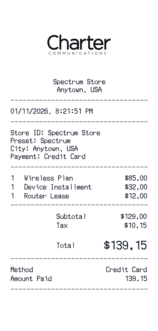 Spectrum receipt preview