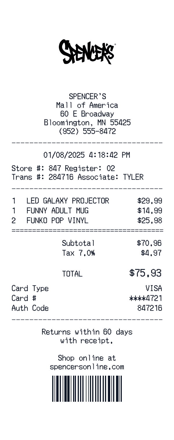 Spencer's receipt preview