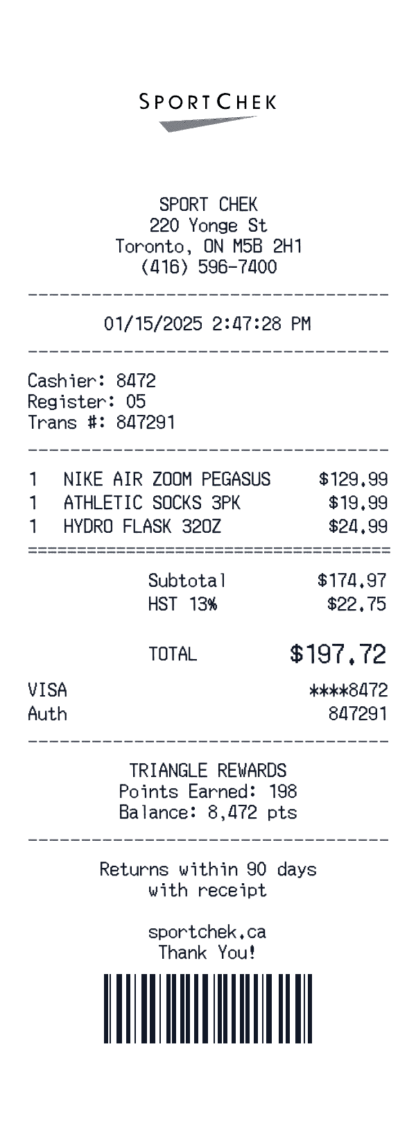 Sport Chek receipt template example - retail receipt with itemized details, prices, and payment information