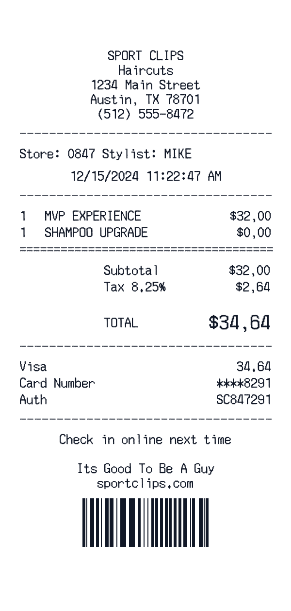 Sport Clips receipt template example - beauty receipt with itemized details, prices, and payment information
