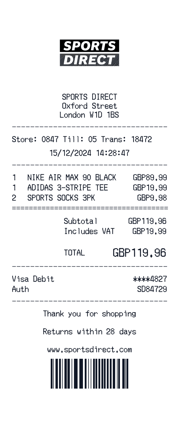 Sports Direct receipt preview
