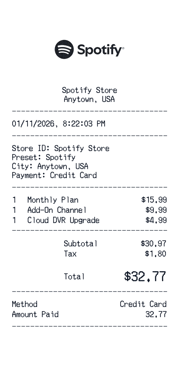 Spotify receipt template example - streaming receipt with itemized details, prices, and payment information