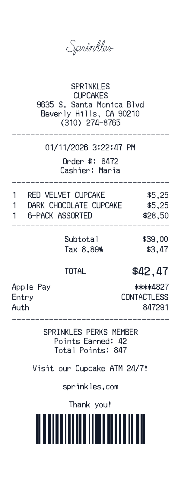 Sprinkles Cupcakes receipt template example - bakery receipt with itemized details, prices, and payment information