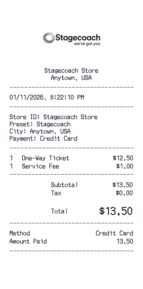 Stagecoach receipt template example - transportation (bus, rail, tolls) receipt with itemized details, prices, and payment information