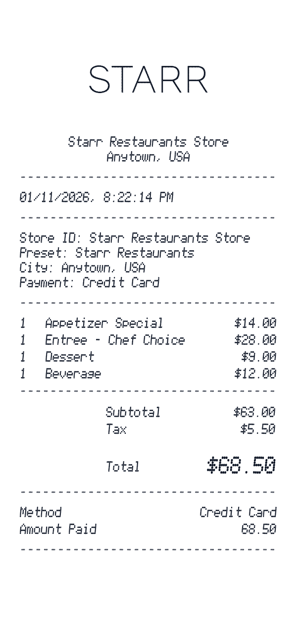 Starr Restaurants receipt preview