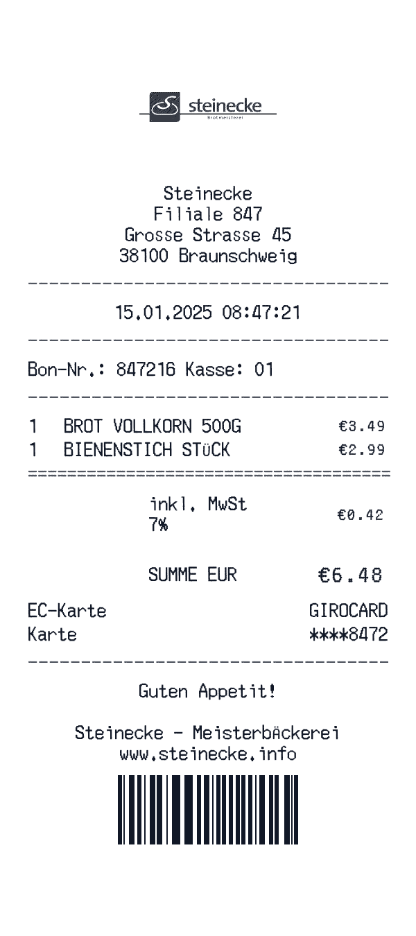 Steinecke receipt template example - bakery receipt with itemized details, prices, and payment information