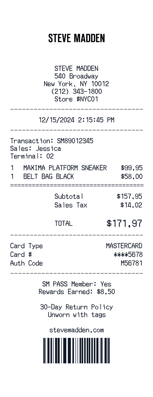 Steve Madden receipt preview