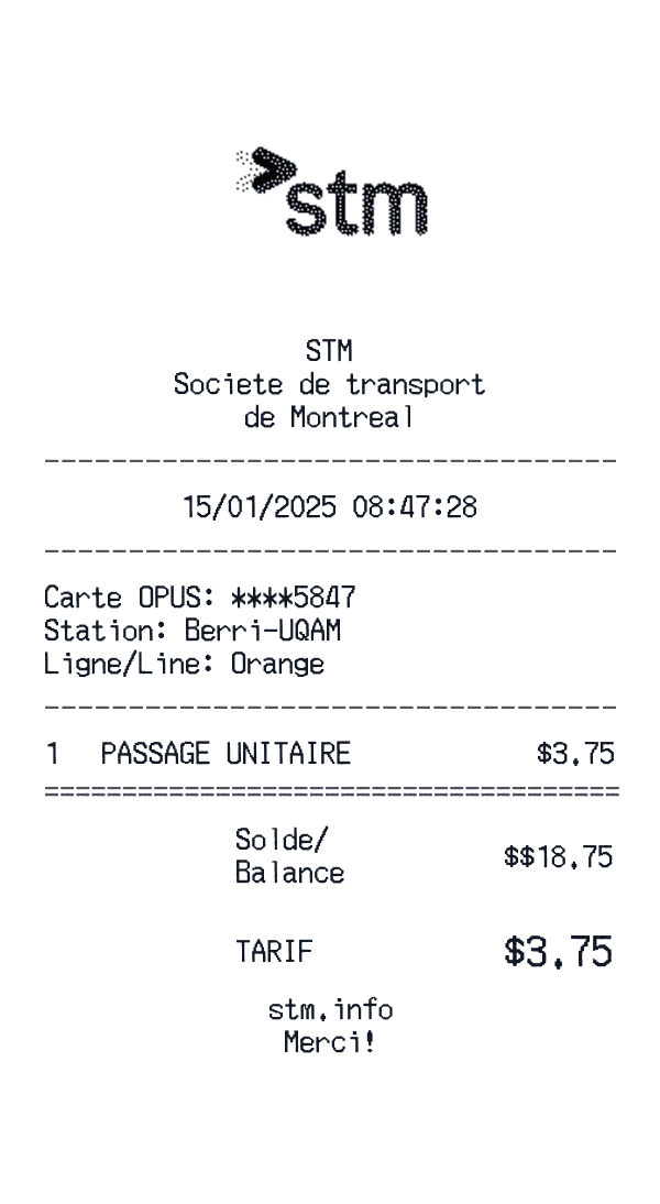 STM Montreal receipt template example - transportation receipt with itemized details, prices, and payment information