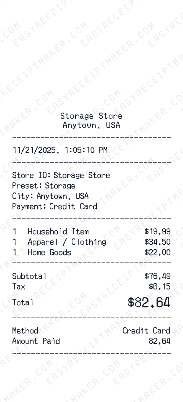 Storage receipt template generator preview