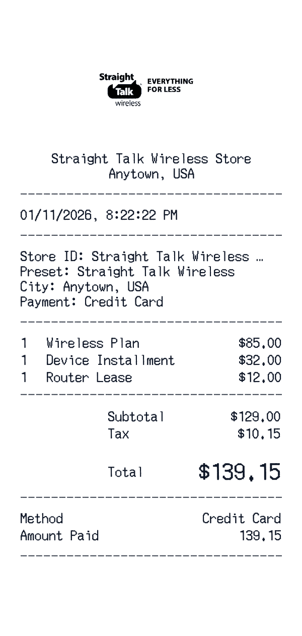 Straight Talk Wireless receipt preview