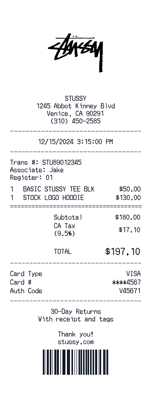 Stussy receipt preview