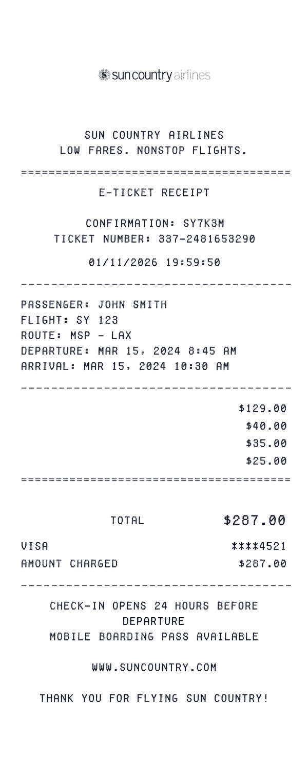 Sun Country Airlines receipt template
