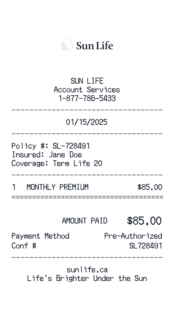 Sun Life receipt template example - other receipt with itemized details, prices, and payment information