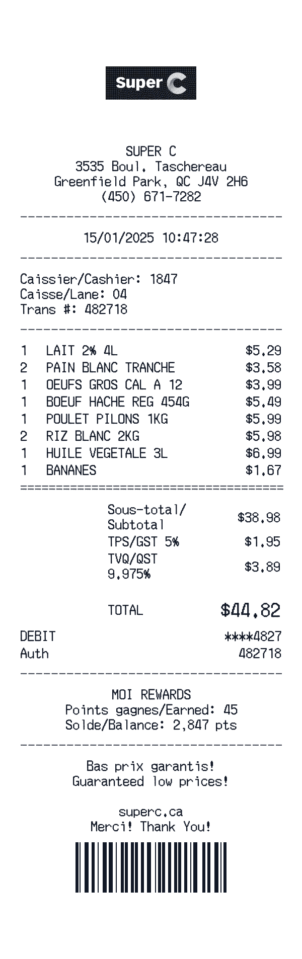 Super C receipt template example - grocery receipt with itemized details, prices, and payment information
