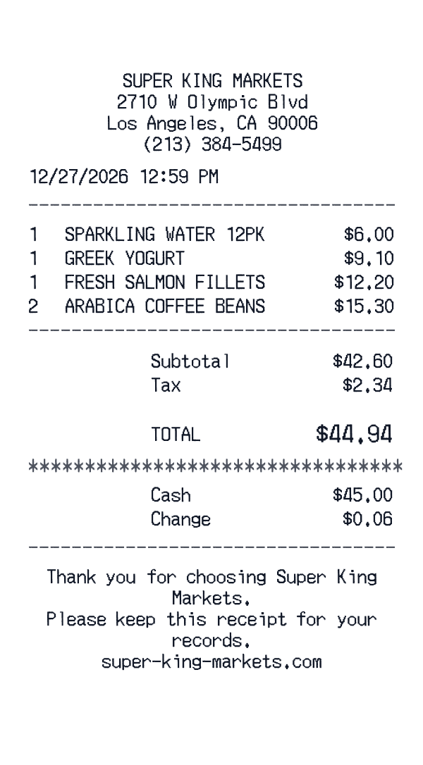 Super King Markets receipt template generator preview