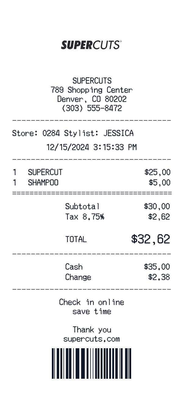 Supercuts receipt template example - beauty receipt with itemized details, prices, and payment information