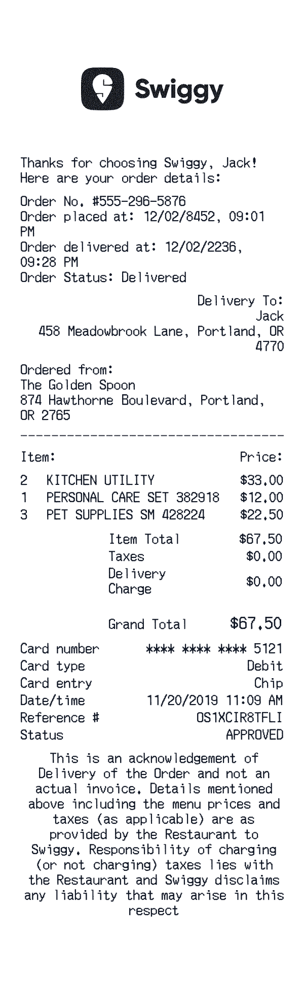 Swiggy receipt preview