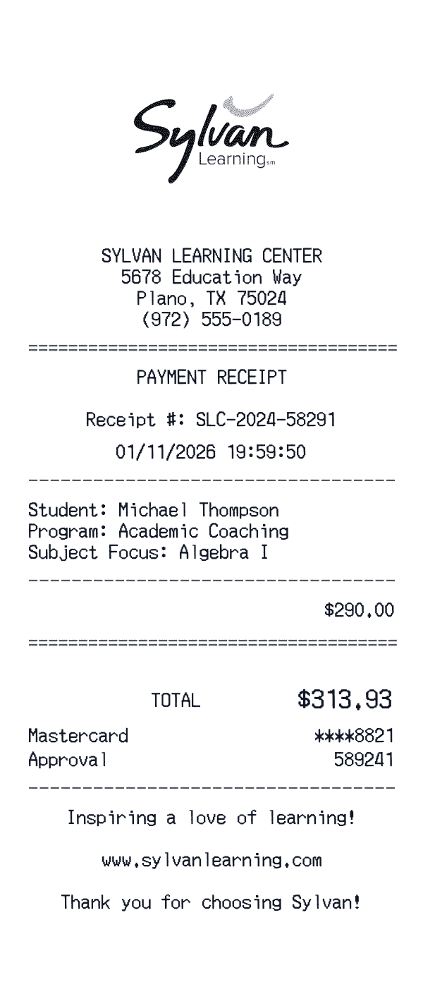 Sylvan Learning receipt preview