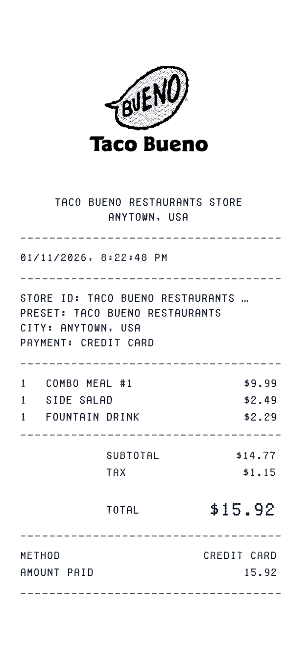 Taco Bueno Restaurants receipt preview