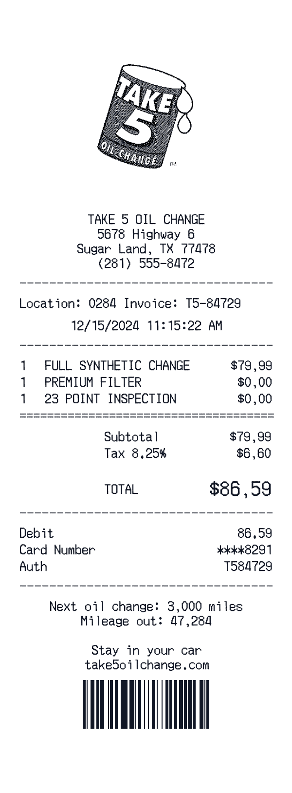 Take 5 Oil Change receipt preview