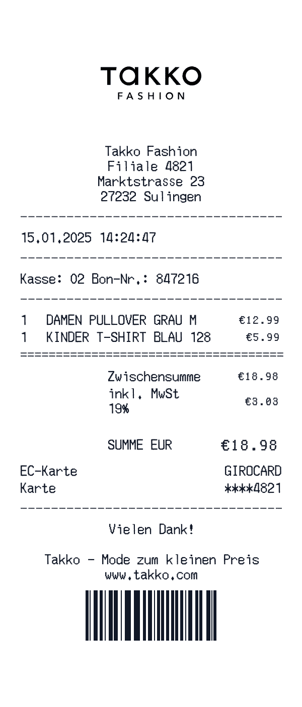 Takko receipt template example - clothing receipt with itemized details, prices, and payment information