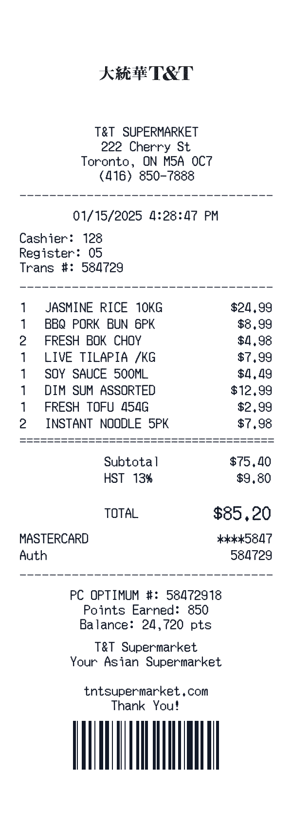 T&T Supermarket receipt template generator preview
