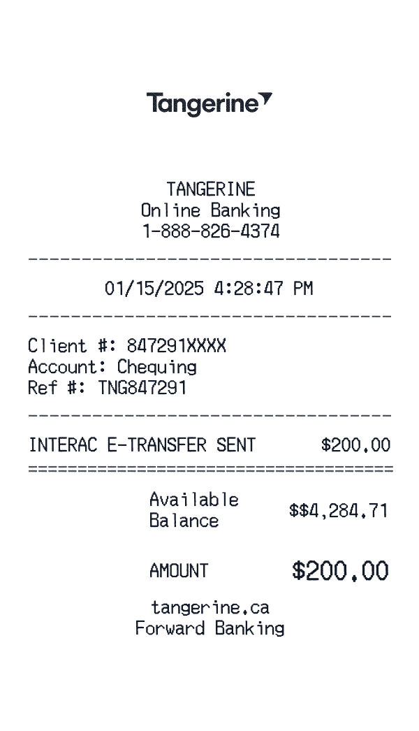 Tangerine receipt template example - other receipt with itemized details, prices, and payment information