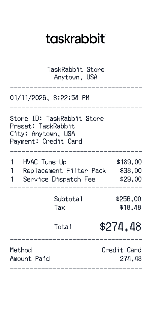TaskRabbit receipt template example - home services receipt with itemized details, prices, and payment information
