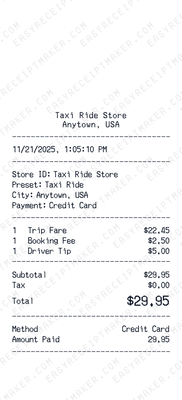 Taxi Ride receipt template generator preview