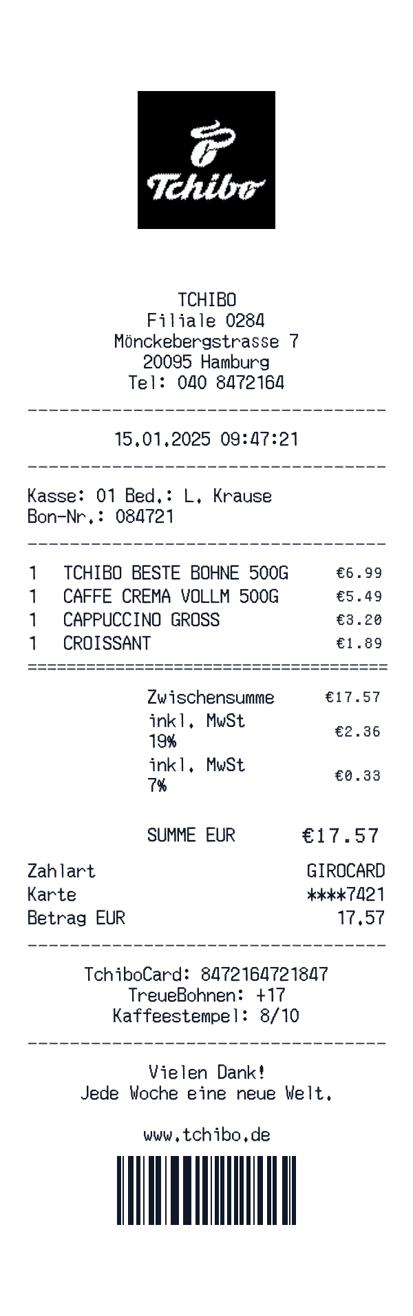 Tchibo receipt template example - coffee receipt with itemized details, prices, and payment information