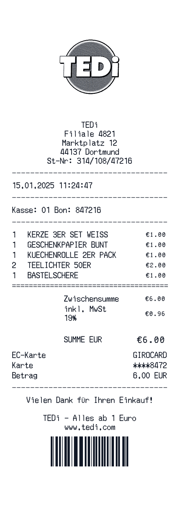 TEDi receipt template example - retail receipt with itemized details, prices, and payment information