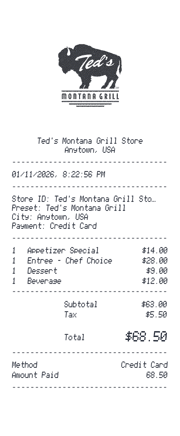 Ted's Montana Grill receipt preview
