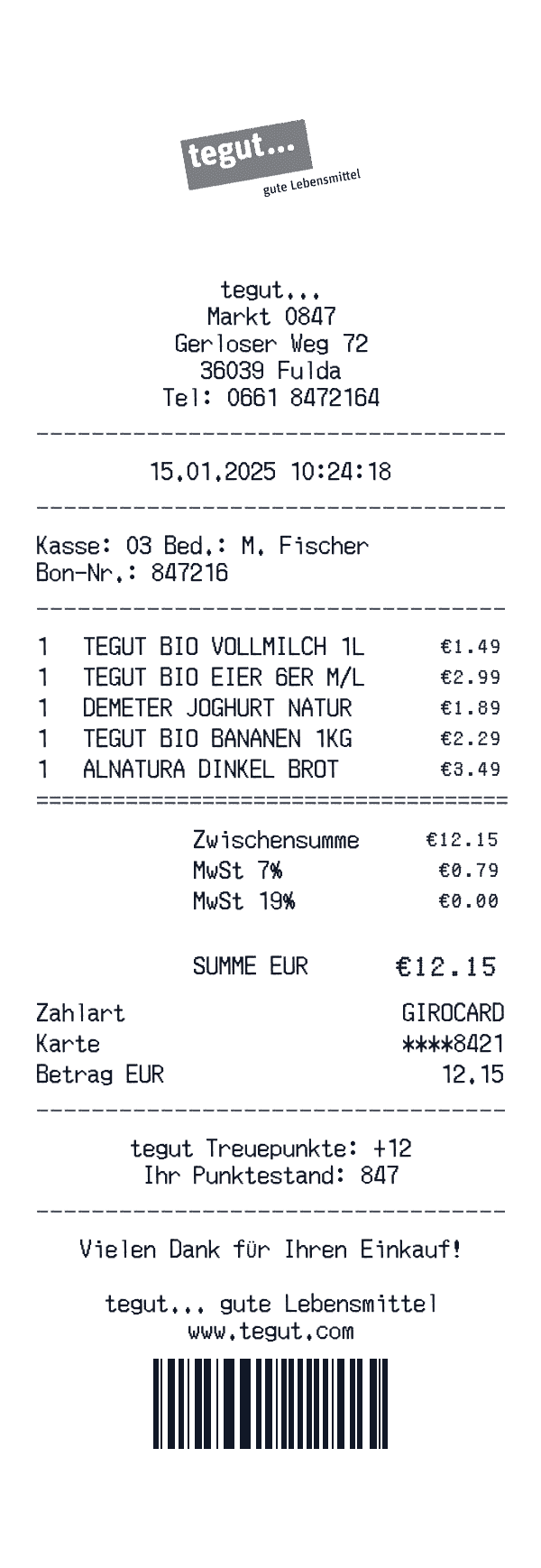 tegut receipt template example - grocery receipt with itemized details, prices, and payment information