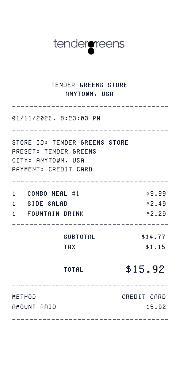 Tender Greens receipt preview
