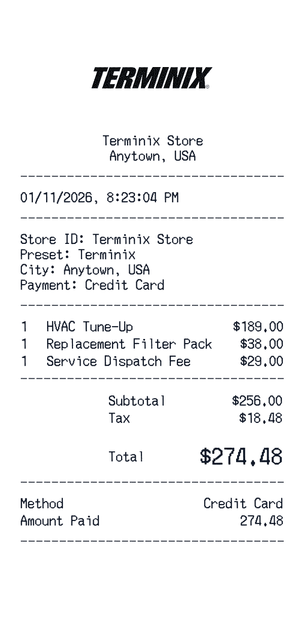 Terminix receipt template example - home services receipt with itemized details, prices, and payment information